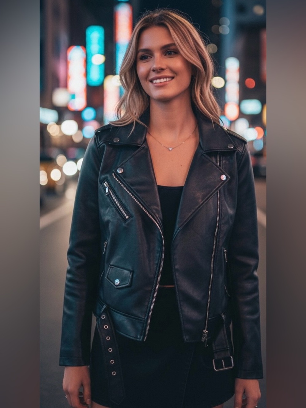 Black Faux Leather Moto Jacket with Belt NWT Size Medium
